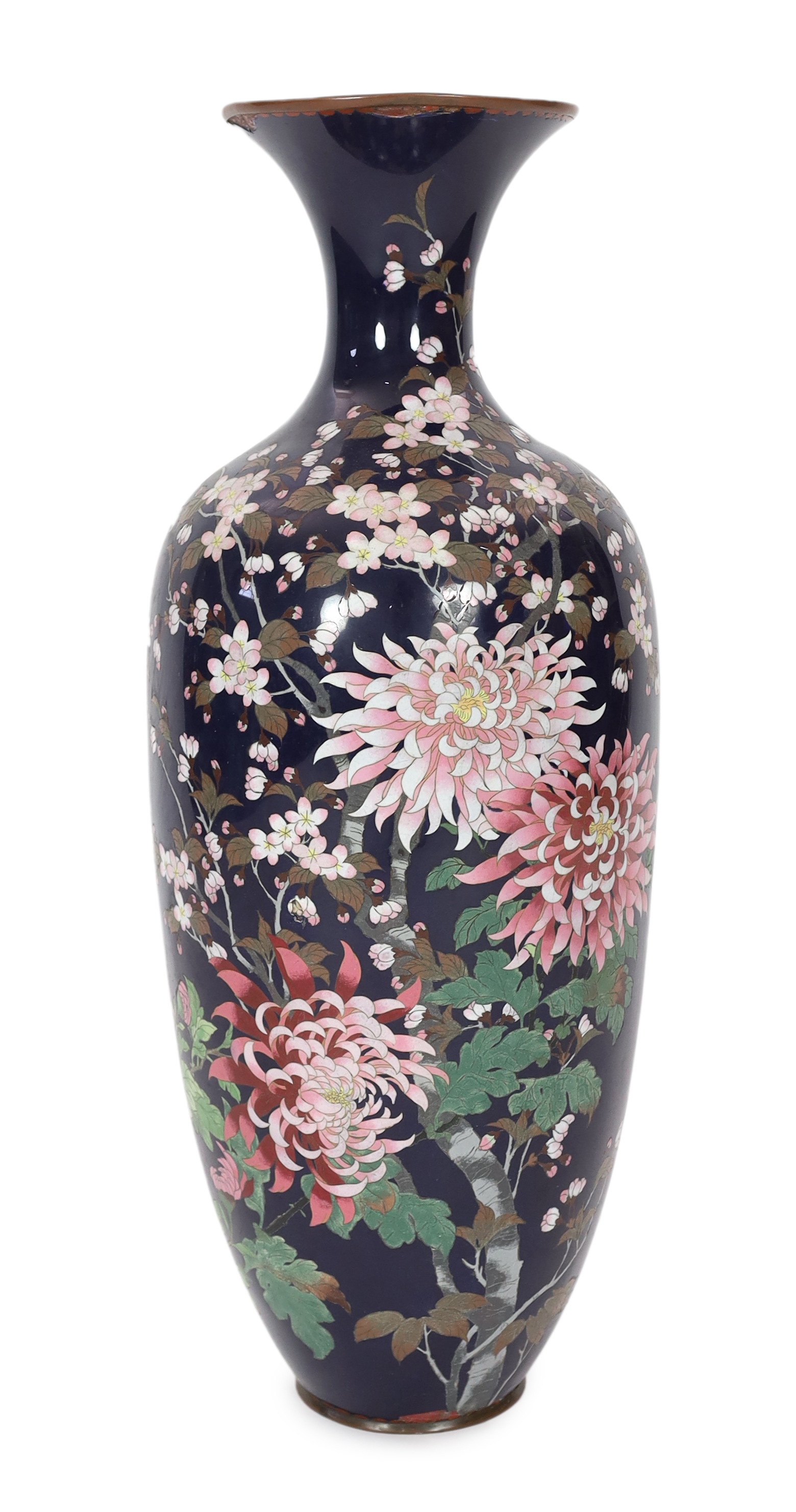 A massive Japanese midnight blue ground cloisonné enamel vase, Meiji period, slight damage